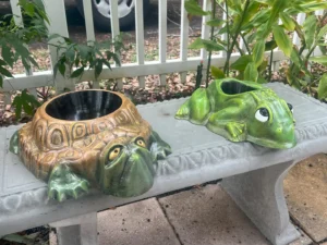 Ormus and JR concrete planters Painted from our concrete turtle mold concrete frog mold