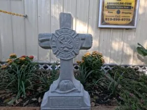 Front view of finished Fireman Cross concrete memorial