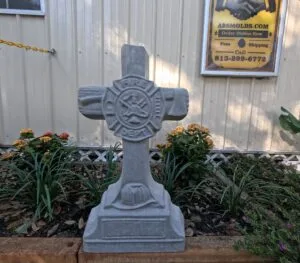 Front view of finished Fireman Cross concrete memorial