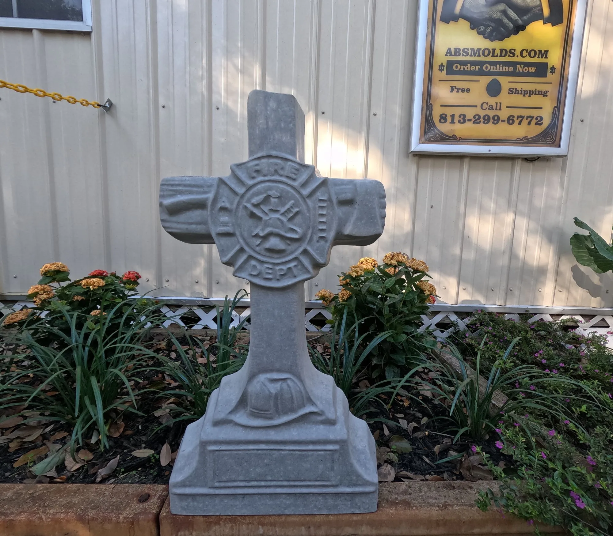 Front view of finished Fireman Cross concrete memorial