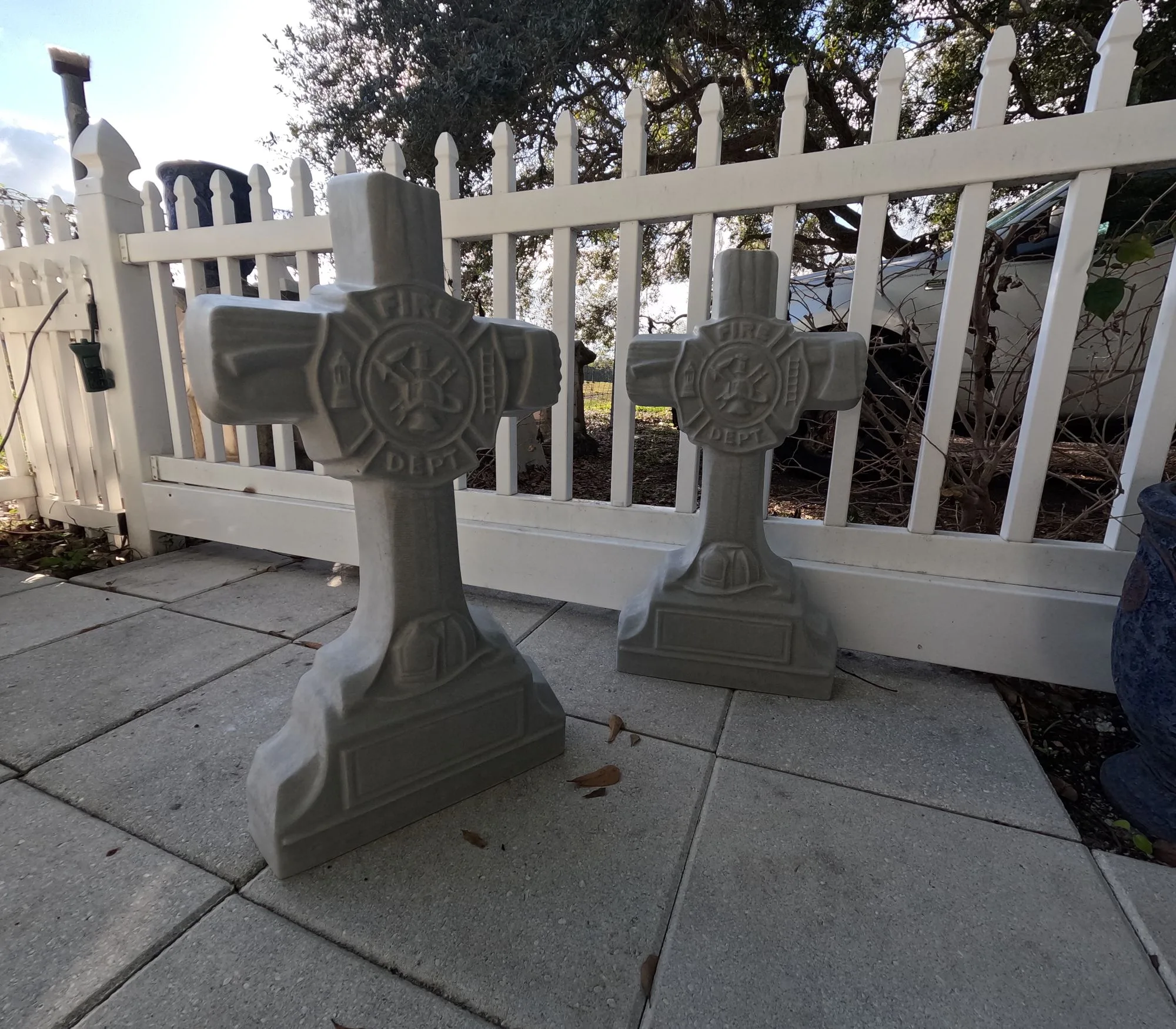 Finished Fireman Cross concrete memorial crosses displayed outdoors