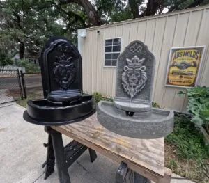 Kingswell Fountain Concrete Mold Set shown beside working finished fountain with flowing water
