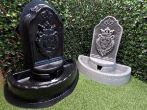 Kingswell Fountain Concrete Mold Set displayed beside finished concrete fountain