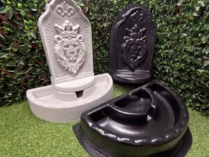 Kingswell Fountain Concrete Mold Set showing bowl mold, lion topper mold, and finished concrete fountain