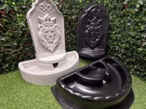 Kingswell Fountain Concrete Mold Set showing bowl mold, lion topper mold, and finished concrete fountain