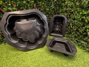 Three-piece frog fountain mold set with bowl, Peewee frog topper, and riser molds.