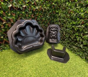 Rear view of the three-piece Peewee Frog Fountain mold set showing the bowl, frog topper, and riser molds.
