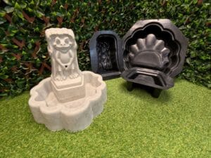 Peewee Frog Fountain mold set displayed with an assembled unpainted concrete fountain.